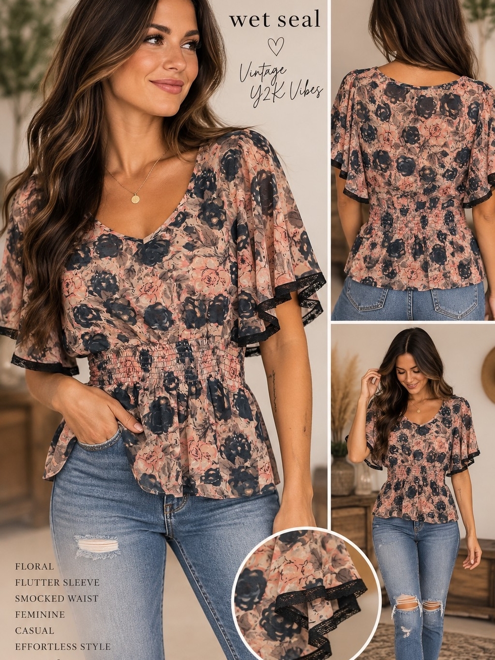 Wet Seal Blush and Navy Floral Flutter Sleeve Smocked Top